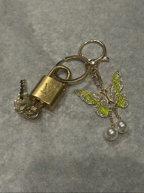 Louis Vuitton Gold Padlock Key Charm with Green Enamel Butterfly and Pearl Drops